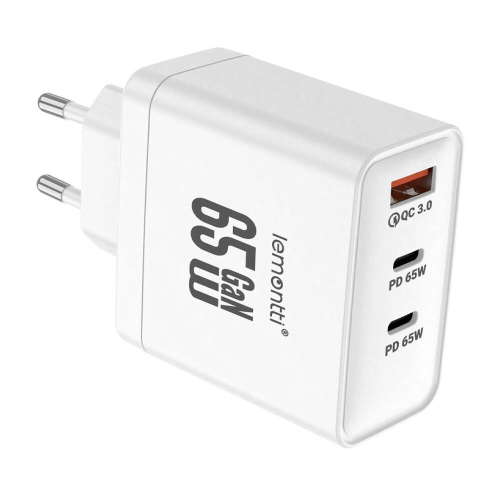 Lemontti Incarcator Retea GaN 2x Type-C si 1x USB-A, 65W, Fast Charge, EU Plug, Alb [19]