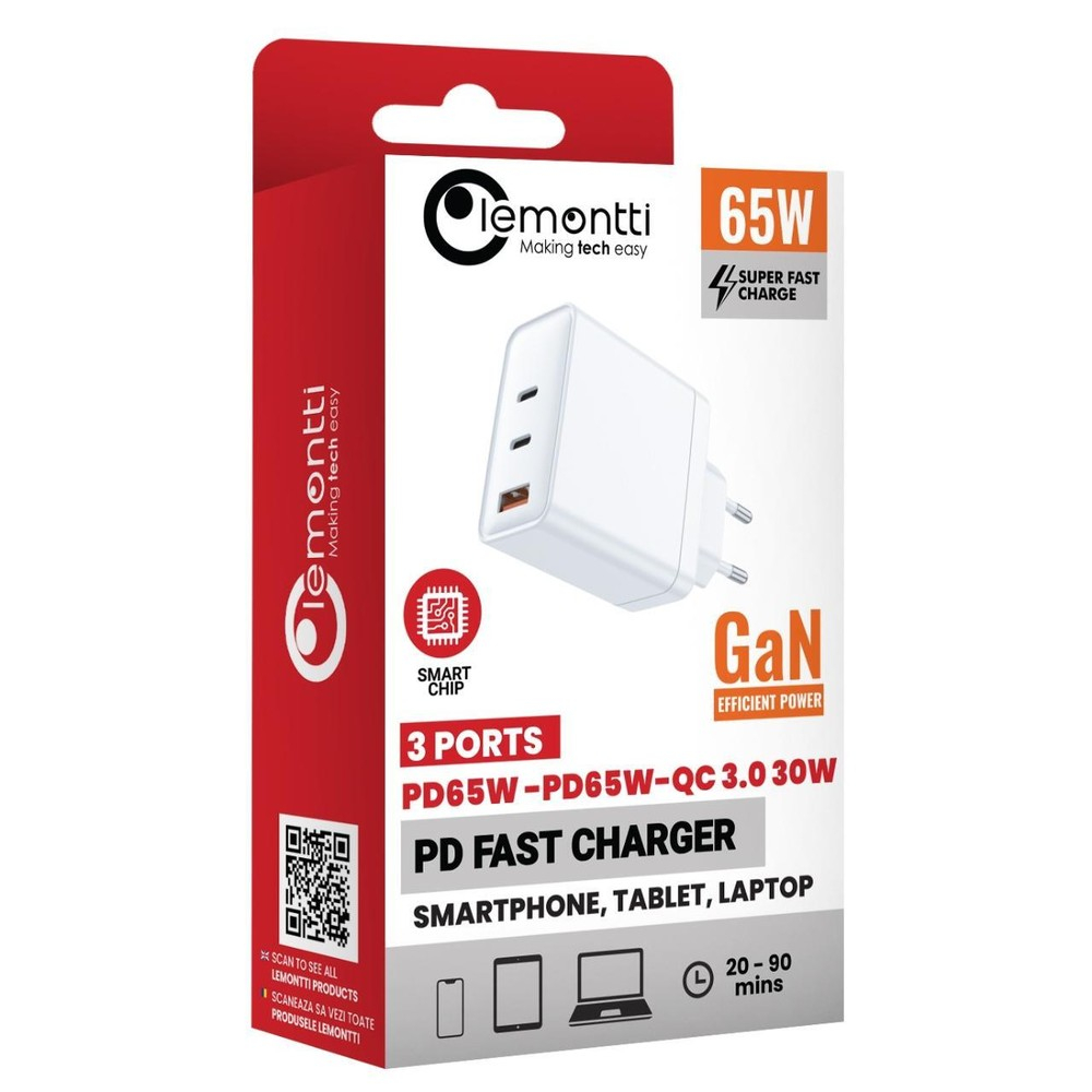 Lemontti Incarcator Retea GaN 2x Type-C si 1x USB-A, 65W, Fast Charge, EU Plug, Alb [3]