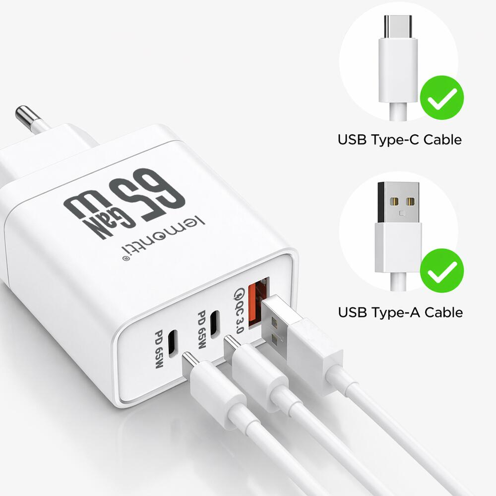 Lemontti Incarcator Retea GaN 2x Type-C si 1x USB-A, 65W, Fast Charge, EU Plug, Alb [11]