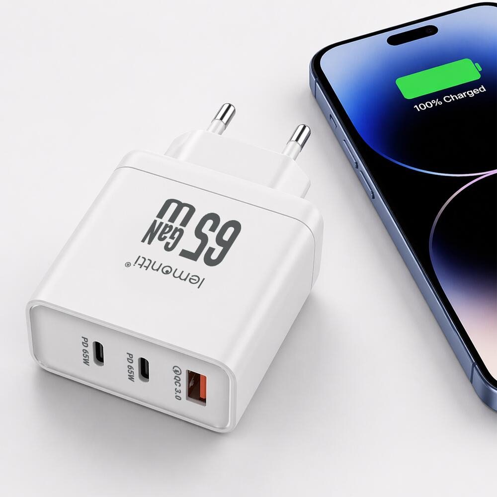 Lemontti Incarcator Retea GaN 2x Type-C si 1x USB-A, 65W, Fast Charge, EU Plug, Alb [12]