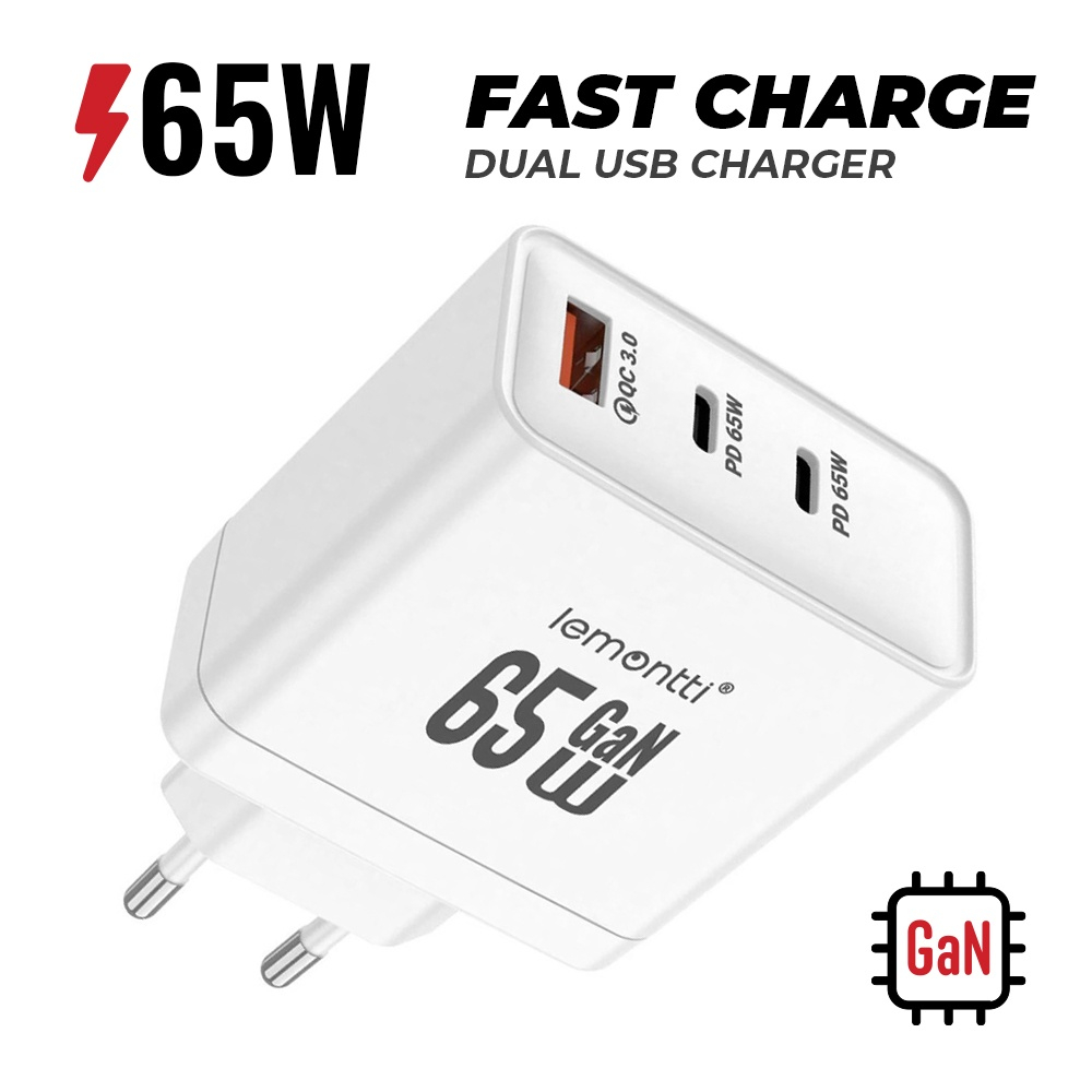 Lemontti Incarcator Retea GaN 2x Type-C si 1x USB-A, 65W, Fast Charge, EU Plug, Alb [20]