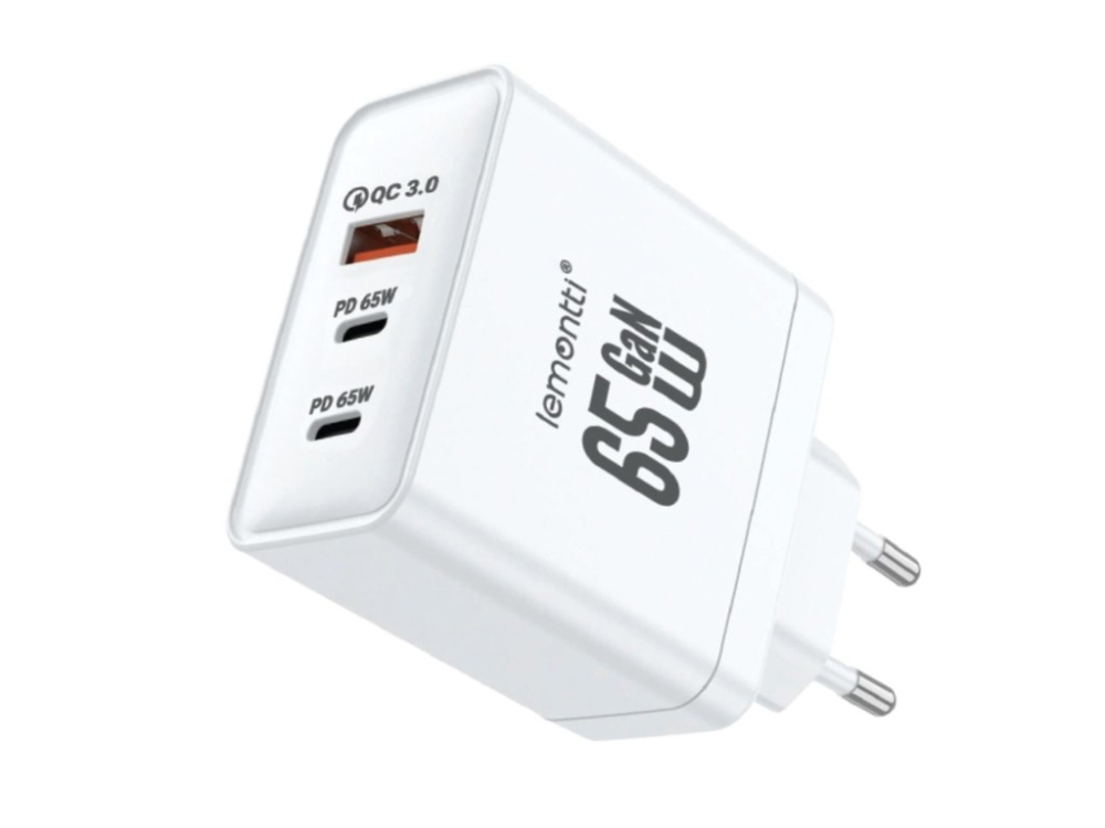 Lemontti Incarcator Retea GaN 2x Type-C si 1x USB-A, 65W, Fast Charge, EU Plug, Alb [1]