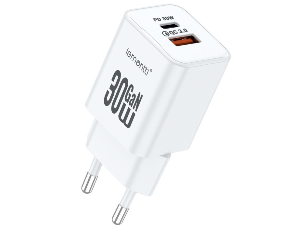 Lemontti Incarcator Retea GaN Dual Port 1x Type-C si 1x USB-A, 30W, EU Plug, Alb [1]