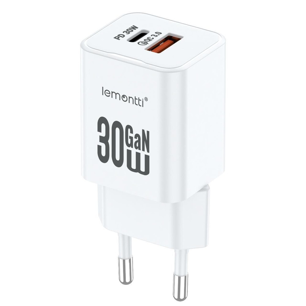 Lemontti Incarcator Retea GaN Dual Port 1x Type-C si 1x USB-A, 30W, EU Plug, Alb [2]