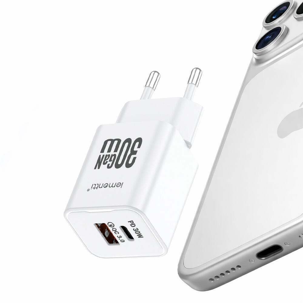 Lemontti Incarcator Retea GaN Dual Port 1x Type-C si 1x USB-A, 30W, EU Plug, Alb [7]