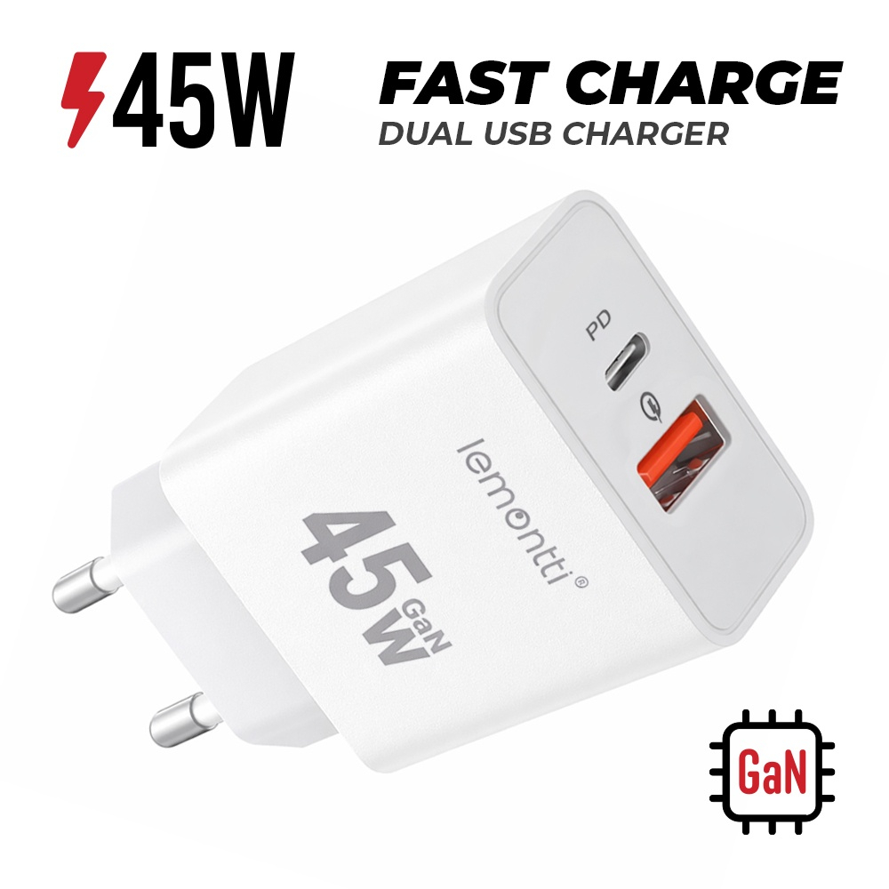 Lemontti Incarcator Retea GaN Fast Charge 45W 1 x PD Type-C + 1 x USB-A Quick Charge 3.0 Alb [13]