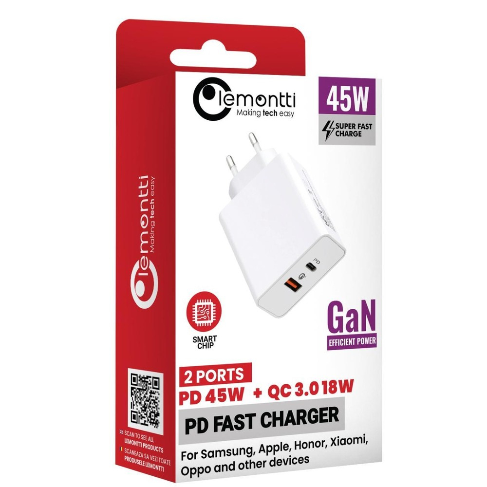 Lemontti Incarcator Retea GaN Fast Charge 45W 1 x PD Type-C + 1 x USB-A Quick Charge 3.0 Alb [3]