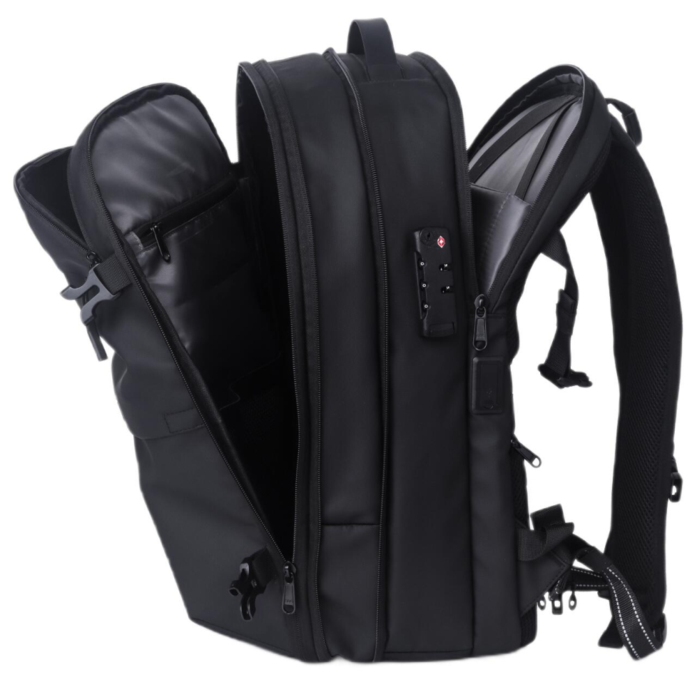 Lemontti Rucsac Smart Premium cu Vacuum si pompa vid 5 capete inclusa, 30-60L pentru cabina avion, impermeabil, doua mufe incarcare USB: USB-A si Type-C, extensie suplimentara, sistem antifurt, Negru [7]