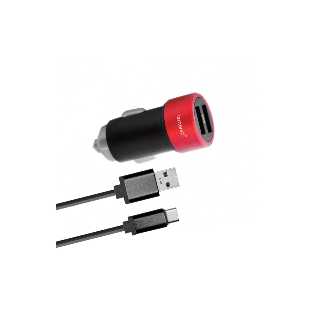 Lemontti Set Incarcator Auto 3.1A 2 porturi USB-A si cablu Type-C 1m Negru / Rosu [3]