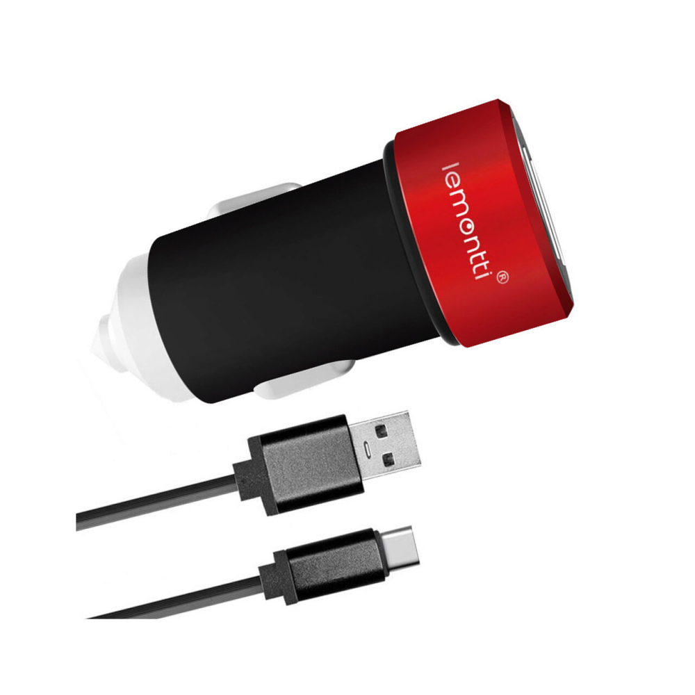 Lemontti Set Incarcator Auto 3.1A 2 porturi USB-A si cablu Type-C 1m Negru / Rosu [16]