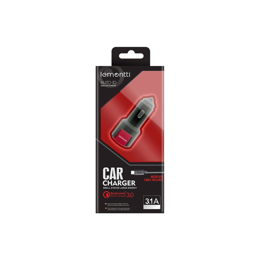 Lemontti Set Incarcator Auto Fast Charge 3.1A 2 porturi USB-A QC 3.0 + USB-A si cablu MicroUSB 1m Negru-Rosu [6]