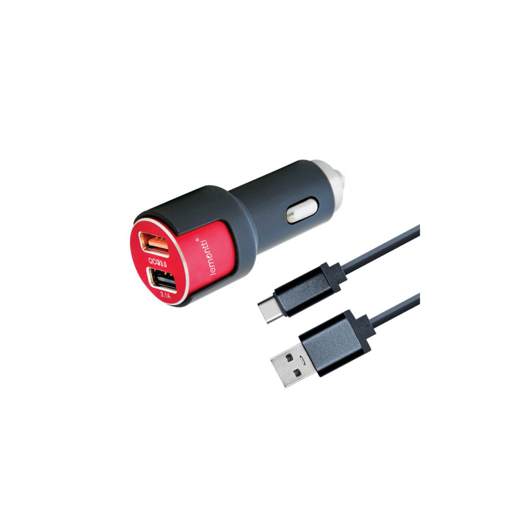 Lemontti Set Incarcator Auto Fast Charge 3.1A 2 porturi USB-A QC 3.0 + USB-A si cablu Type-C 1m [7]