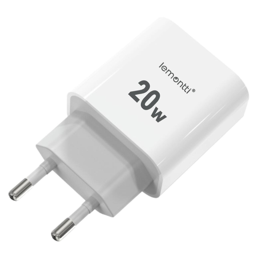 Lemontti Set Incarcator Retea Fast Charge 20W 1 x PD Type-C + 1 x USB-A Quick Charge 3.0 si cablu Type-C-Type-C 20W 1m Alb [2]
