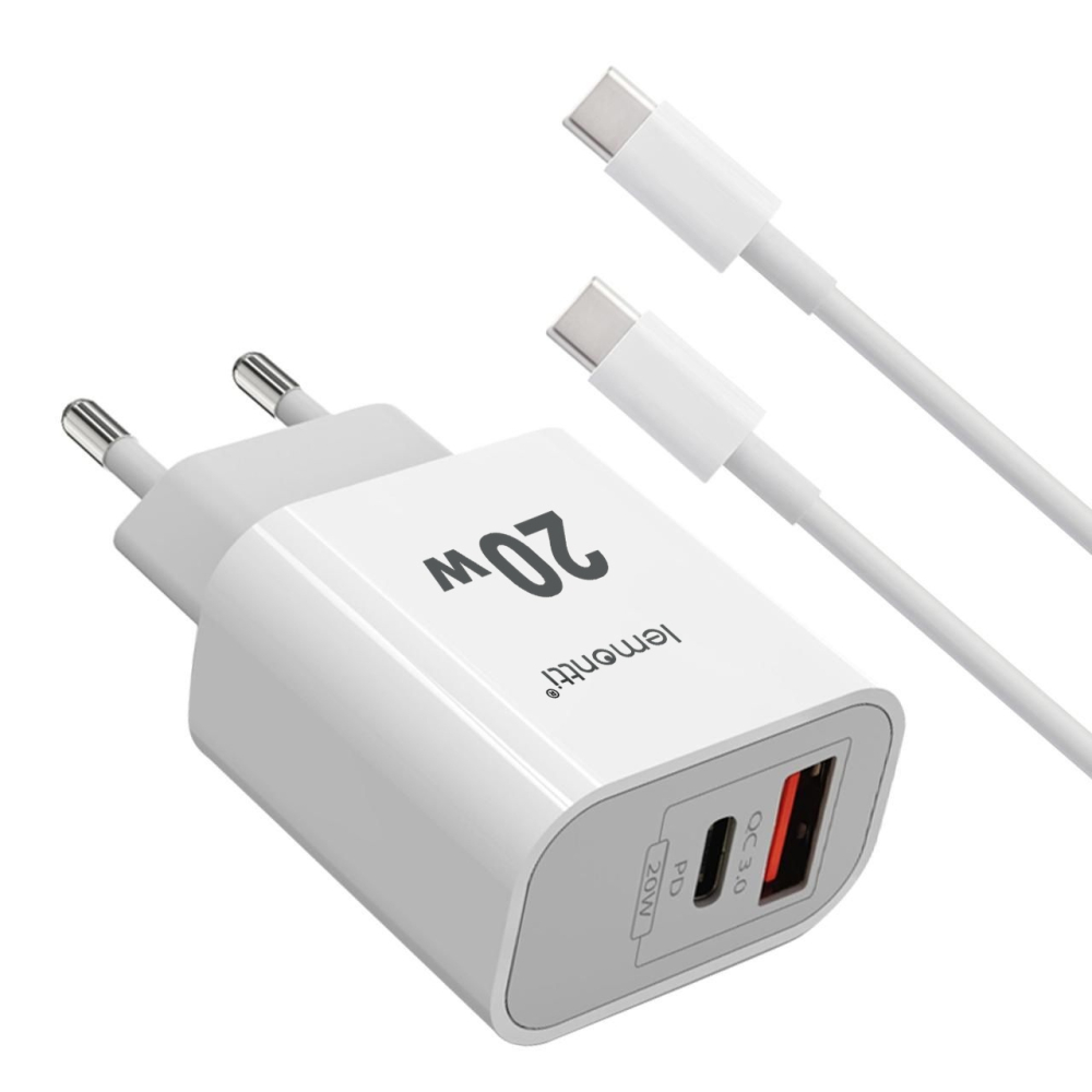 Lemontti Set Incarcator Retea Fast Charge 20W 1 x PD Type-C + 1 x USB-A Quick Charge 3.0 si cablu Type-C-Type-C 20W 1m Alb [6]