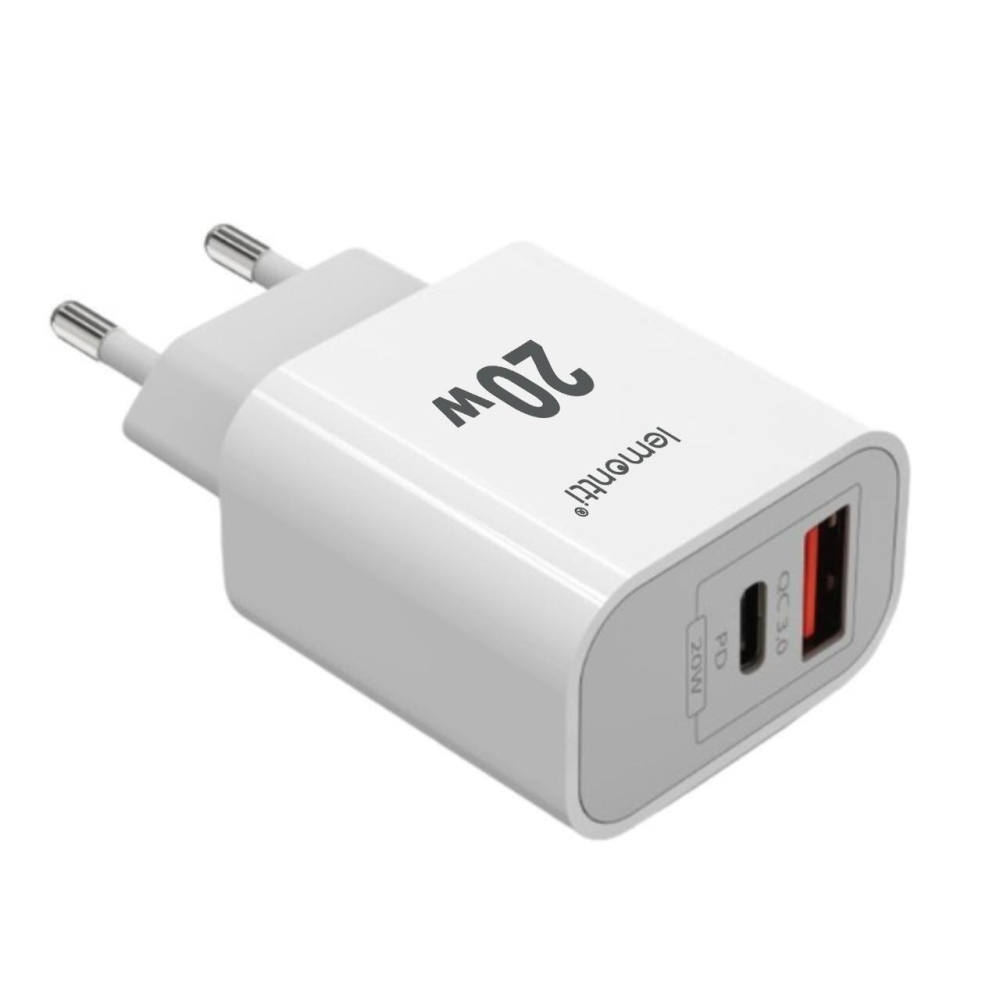 Lemontti Set Incarcator Retea Fast Charge 20W 1 x PD Type-C + 1 x USB-A Quick Charge 3.0 si cablu Type-C-Type-C 20W 1m Alb [4]