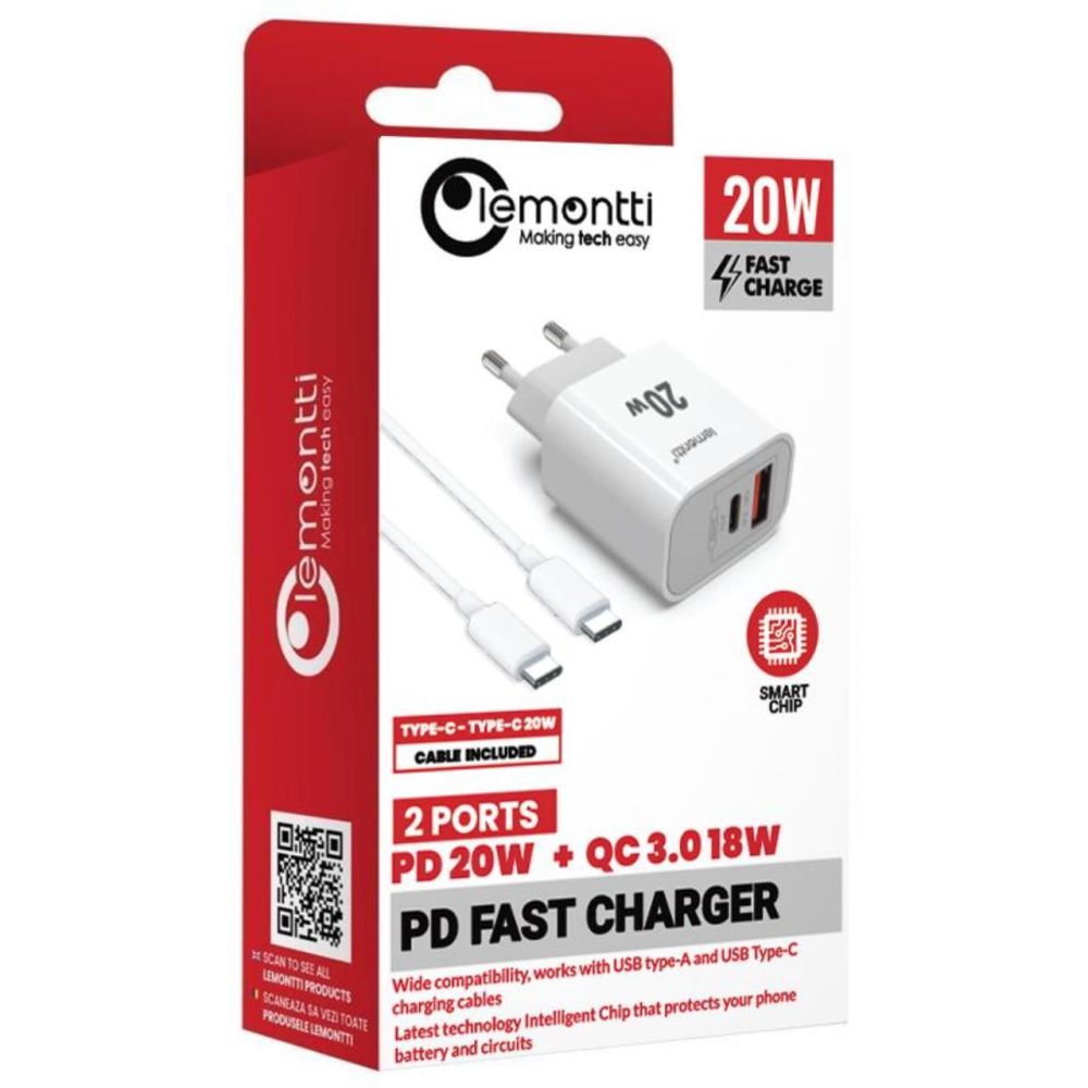 Lemontti Set Incarcator Retea Fast Charge 20W 1 x PD Type-C + 1 x USB-A Quick Charge 3.0 si cablu Type-C-Type-C 20W 1m Alb [5]