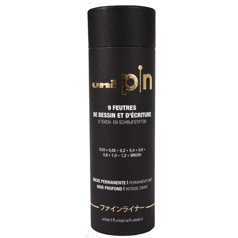 Liner UNI PIN-200, set 9 buc + cutie cadou cilindrica, varfuri diverse, negru [2]