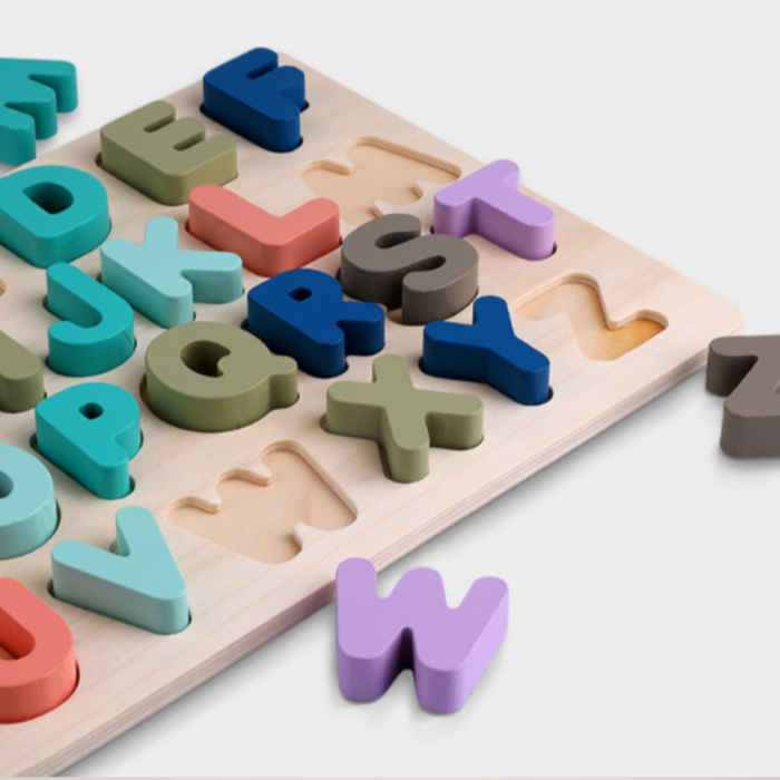Joc puzzle din lemn, puzzle incastru litere si culori pastel. [4]