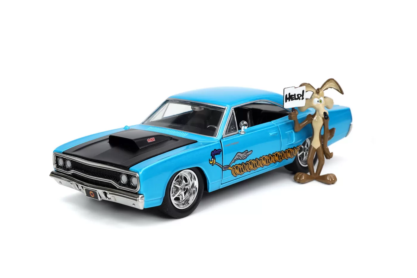 Looney tunes road runner set masinuta metalica 1970 plymouth scara 1:24 si figurina wile e coyote [8]