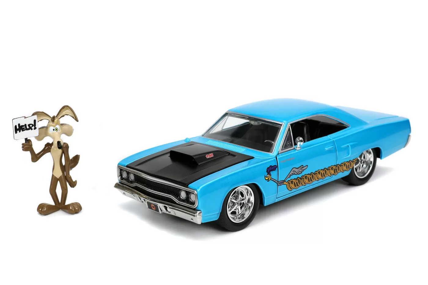 Looney tunes road runner set masinuta metalica 1970 plymouth scara 1:24 si figurina wile e coyote [2]
