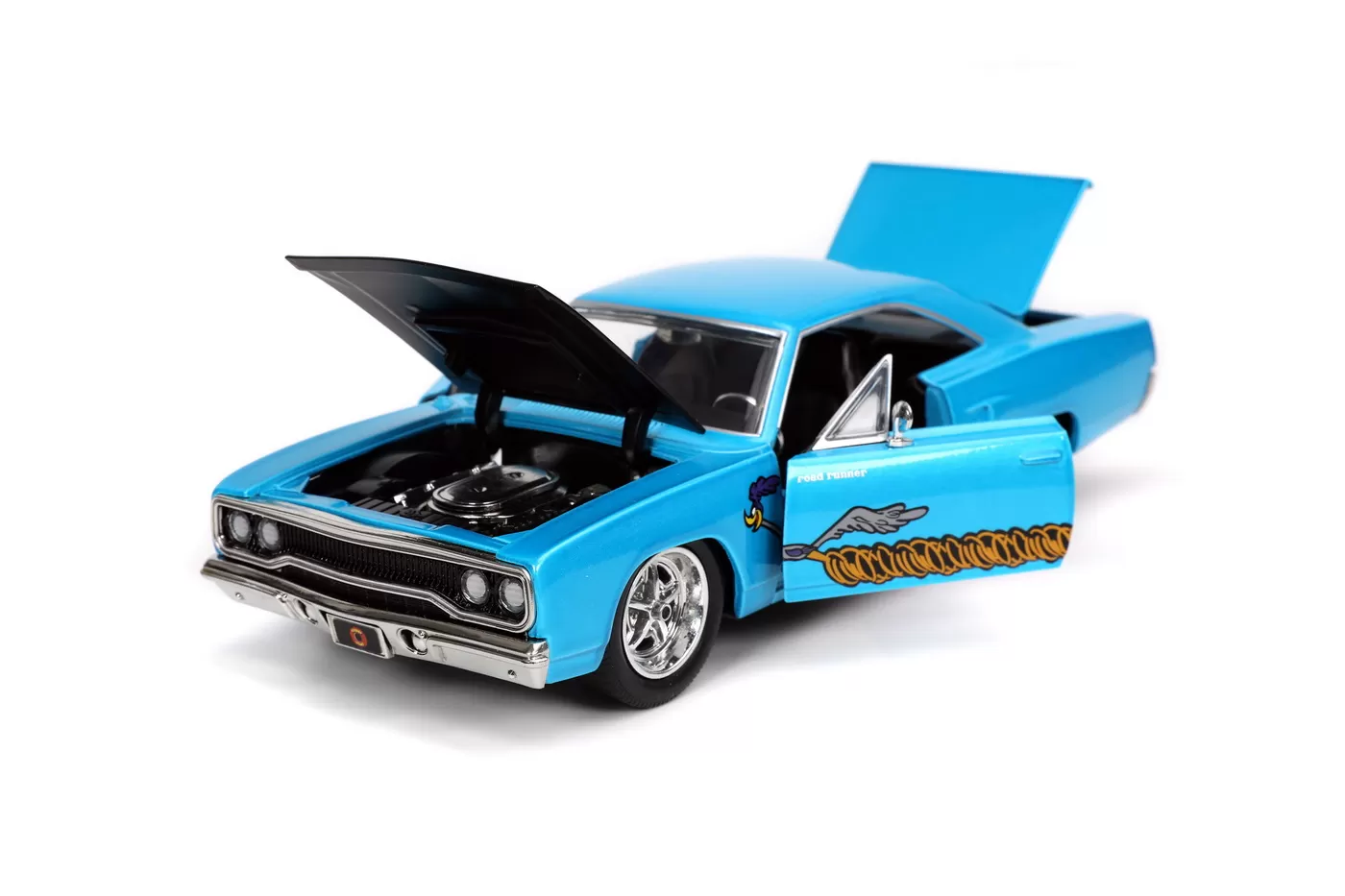 Looney tunes road runner set masinuta metalica 1970 plymouth scara 1:24 si figurina wile e coyote [6]