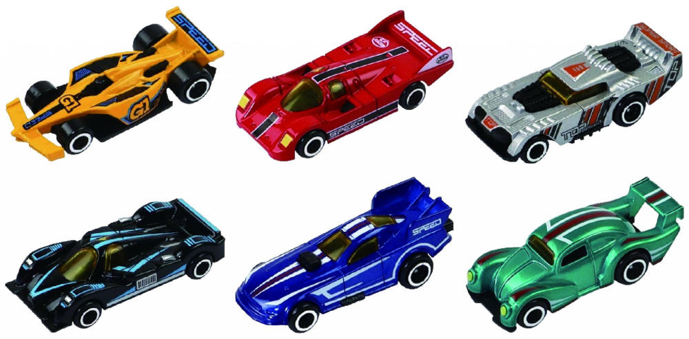 Macheta die cast, set 6 masini curse, scara 1/64, 7.5cm, diverese modele si culori- verde, alb, rosu, bleu, gri, albastru, galben, portocaliu, negru, turquoise, maro [2]