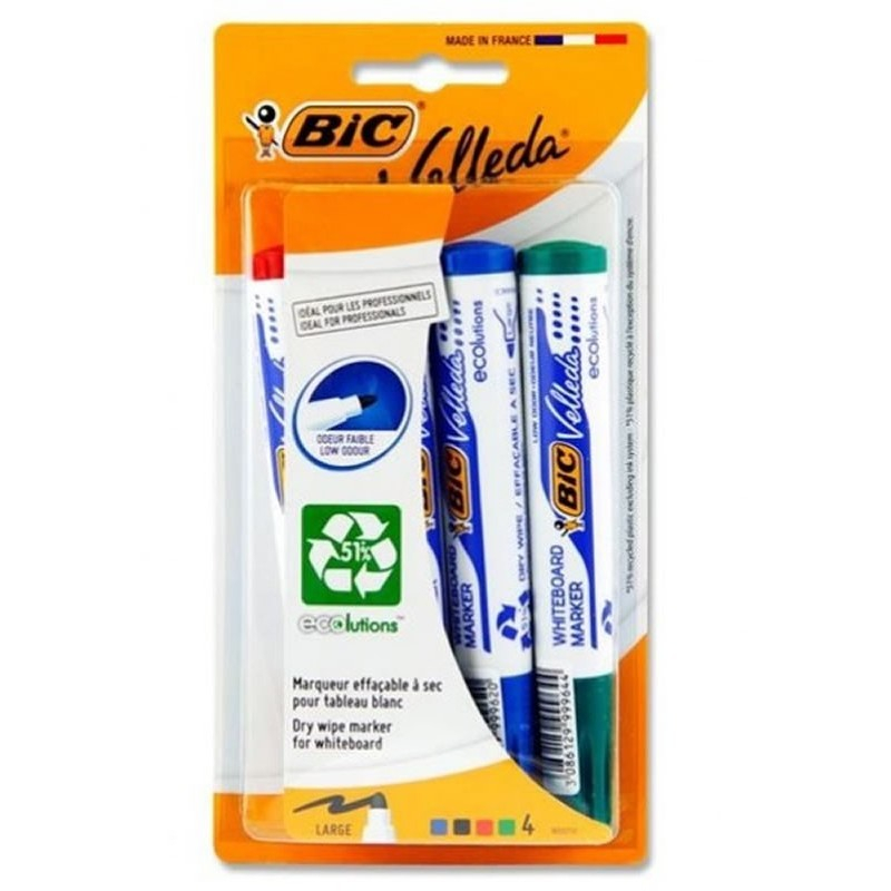 Marker tabla Bic Velleda 1704 / 907054, varf rotund, 2.5mm, corp gros, set 4 culori (verde, negru, albastru, rosu) [1]