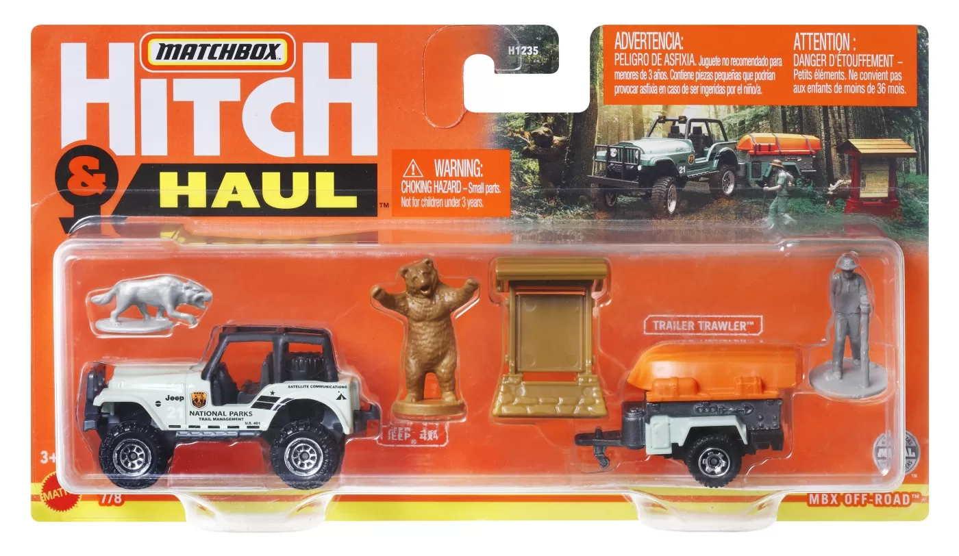 Matchbox hitch&haul set 2 vehicule mbx off road 1988 jeep 4x4 trailer trawler scara 1:64, varsta de la 3 ani la 7 ani [1]