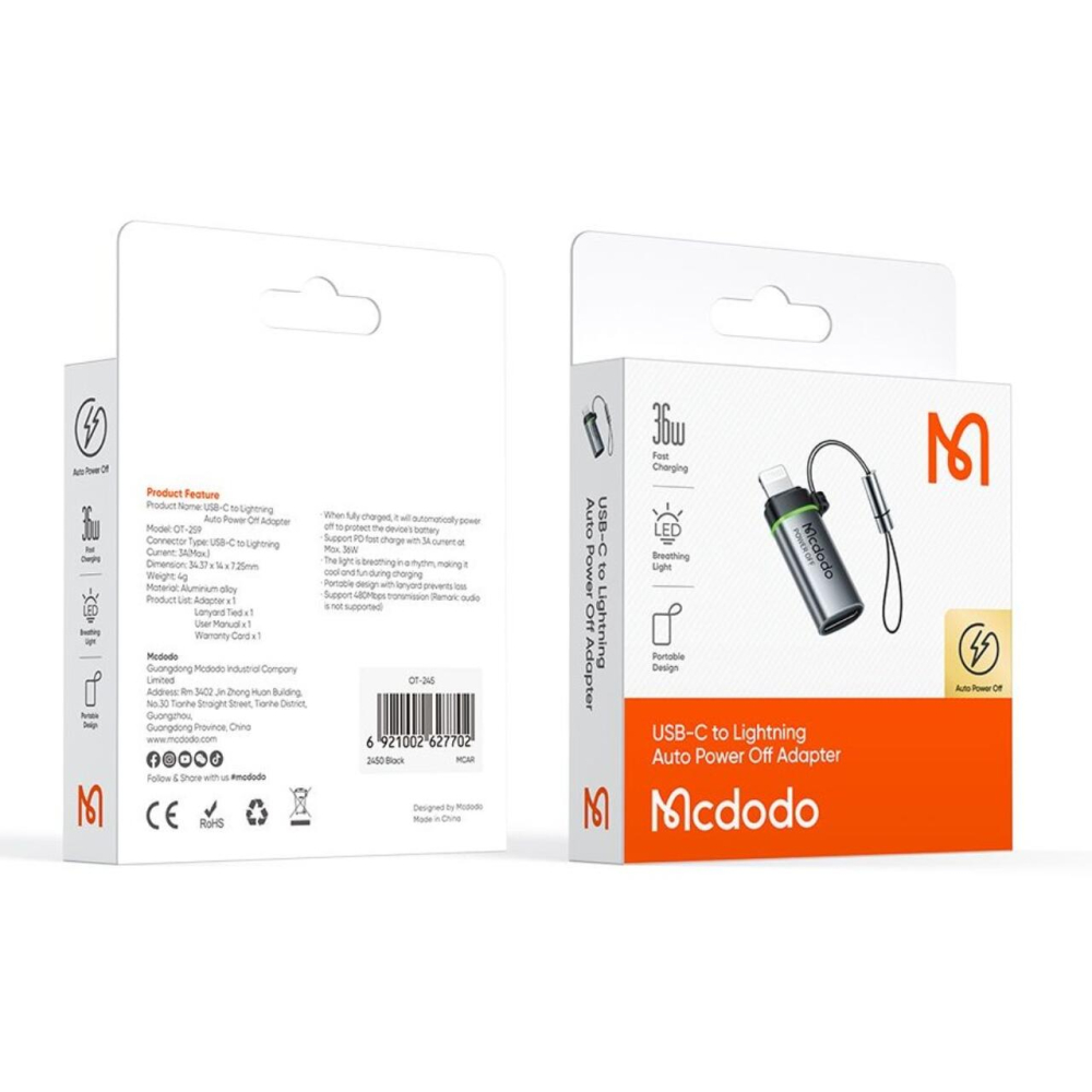 Mcdodo Adaptor Type-C la Lightning, 36W, Fast Charge, Auto Power Off 3A, 480Mbps, cip E-Mark, snur, Negru [8]