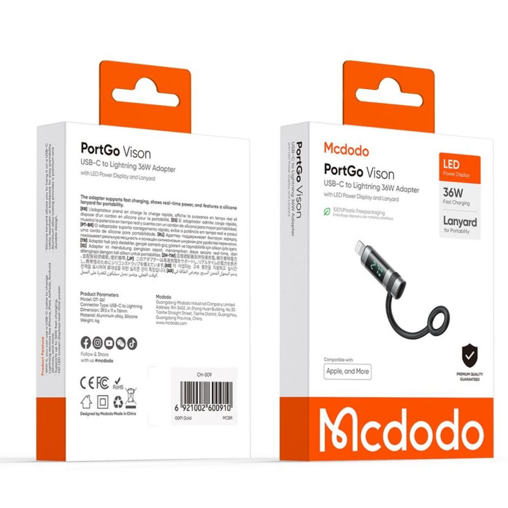 Mcdodo Adaptor Type-C la Lightning 36W, Pigeon Series, cu carlig din silicon, aliaj de aluminiu, afisaj LED HD, Negru [7]