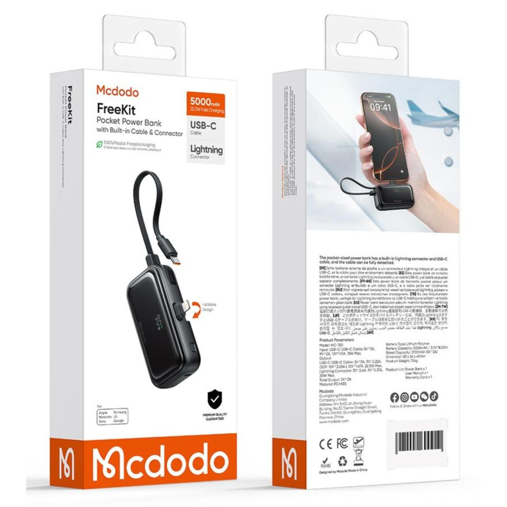 Mcdodo Baterie Externa FreeKit Series 5000mAh, 22.5W, cablu și Connector Lightning Negru [12]