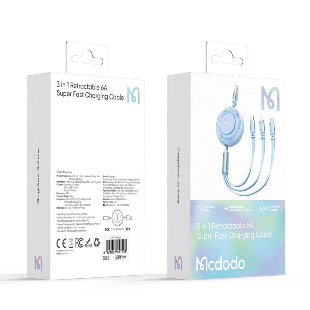 Mcdodo Cablu 3 in 1 USB la Lightning, MicroUSB si Type-C Super Fast Charging, 66W, 1.2m, Albastru [7]