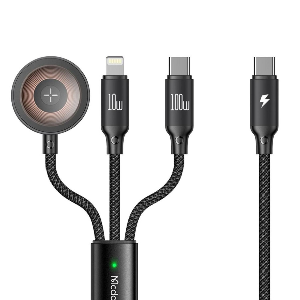 Mcdodo Cablu 3in1 Type-C la Lightning/Type-C cu Incarcator Wireless compatibil cu Apple Watch, 100W Fast Charging, O Series, 1.2m  Negru [7]
