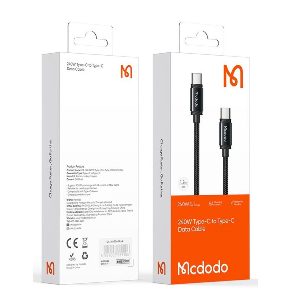 Mcdodo Cablu Type-C la Type-C Super Fast Charging, 240W, 1.2m, Negru [2]