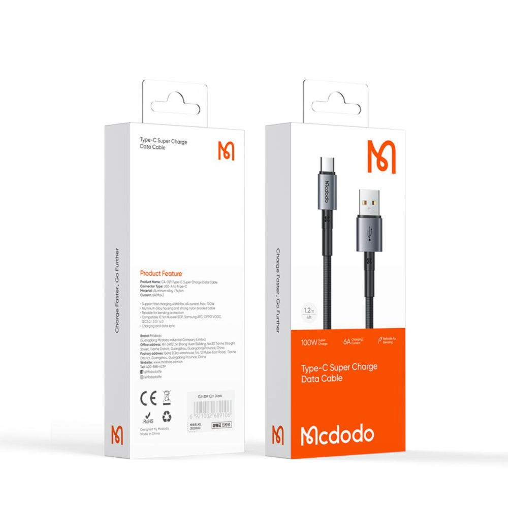 Mcdodo Cablu USB-A la Type-C 100W, PD Fast Charging, 3A, 1.2m, Negru [8]