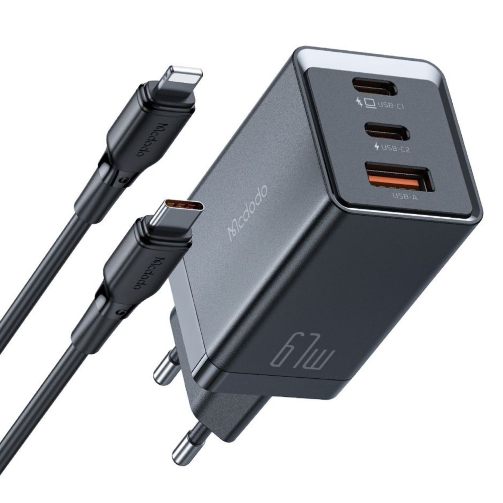 Mcdodo Set Incarcator Retea 2xType-C si 1xUSB-A GaN5 Mini Pro Fast Charger 67W, cablu Type-C la Lightning, 1.2m, Negru [9]