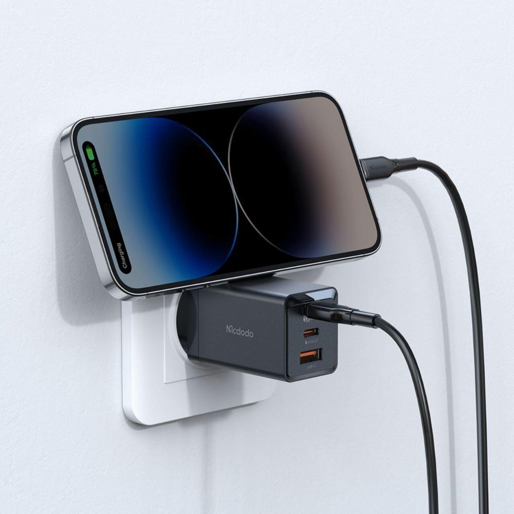 Mcdodo Set Incarcator Retea 2xType-C si 1xUSB-A GaN5 Mini Pro Fast Charger 67W, cablu Type-C la Lightning, 1.2m, Negru [7]