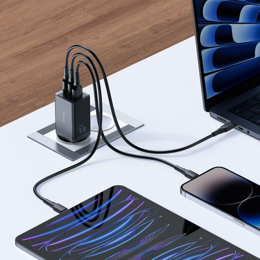 Mcdodo Set Incarcator Retea 2xType-C si 1xUSB-A GaN5 Mini Pro Fast Charger 67W, cablu Type-C la Lightning, 1.2m, Negru [1]