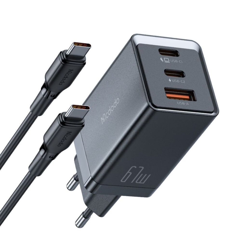 Mcdodo Set Incarcator Retea GaN5 Mini Pro Fast Charger 67W, Port 2xType-C+ 1xUSB-A, cablu Type-C, 2 m, Black [12]