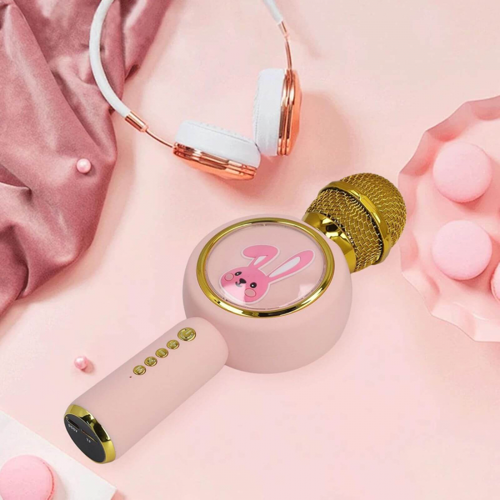Microfon karaoke wireless copii, model iepuras cu LED si efecte vocale – Roz [2]