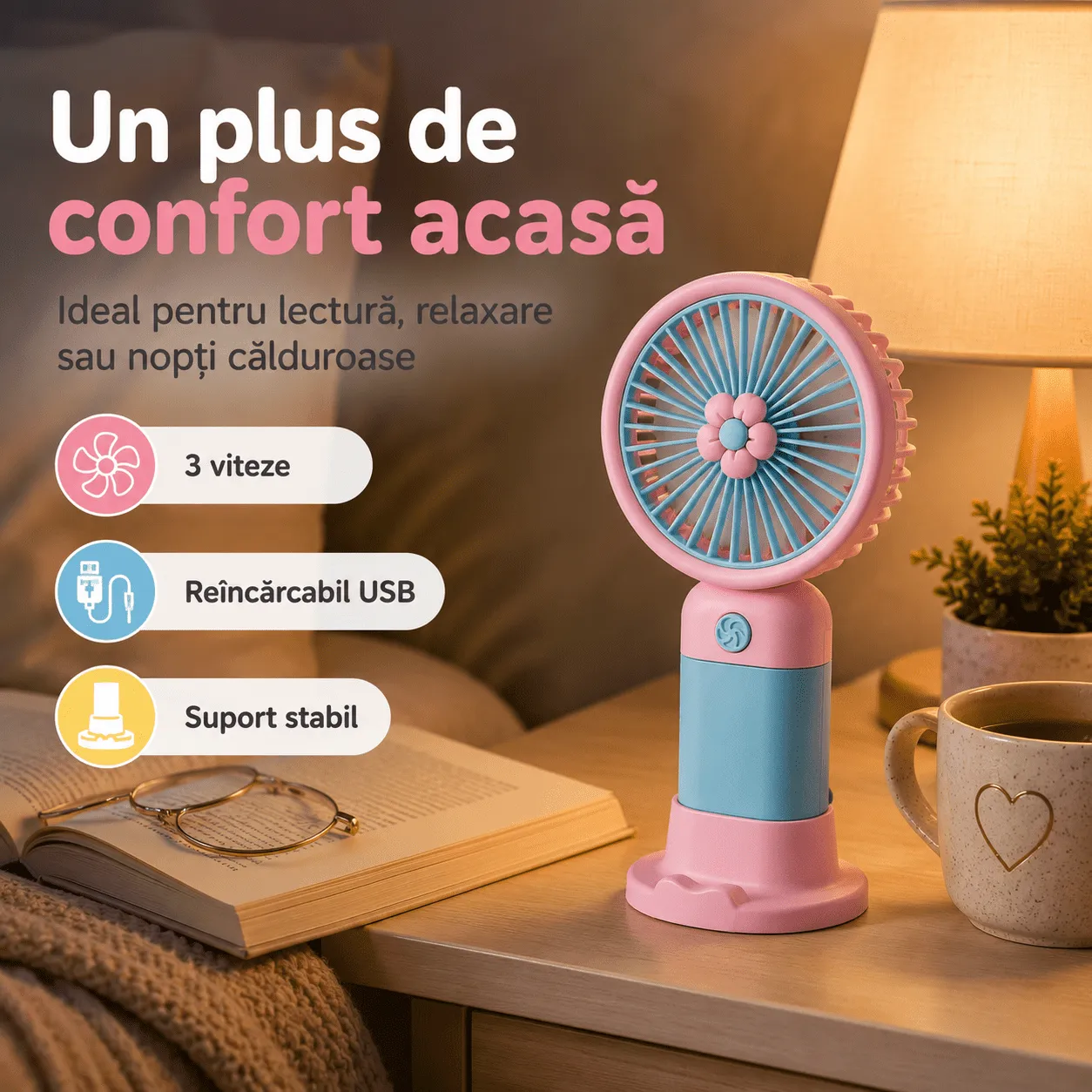 Mini Ventilator Portabil cu Suport, Reincarcabil USB, Silentios, 3 Viteze [8]
