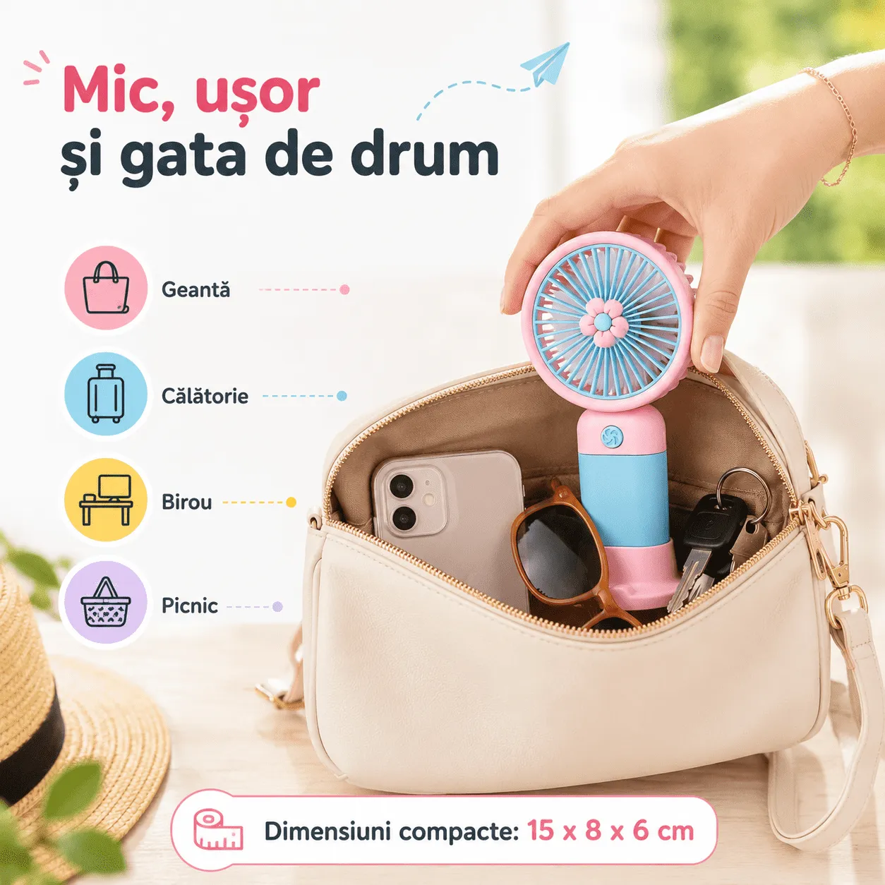 Mini Ventilator Portabil cu Suport, Reincarcabil USB, Silentios, 3 Viteze [7]