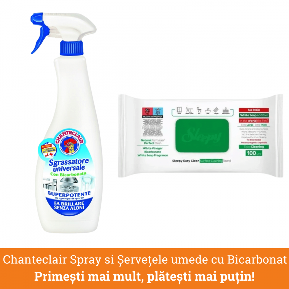 Pachet promo: Chanteclair Degresant Universal cu Bicarbonat 600 ml + Servetele umede cu Bicarbonat, Extra Cleaning, 100 de bucati pachet [1]