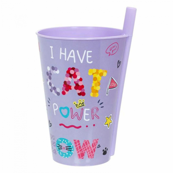 Cana, Pahar cu Pai Incorporat pentru Copii, 400 ml, Pisici Mov [2]