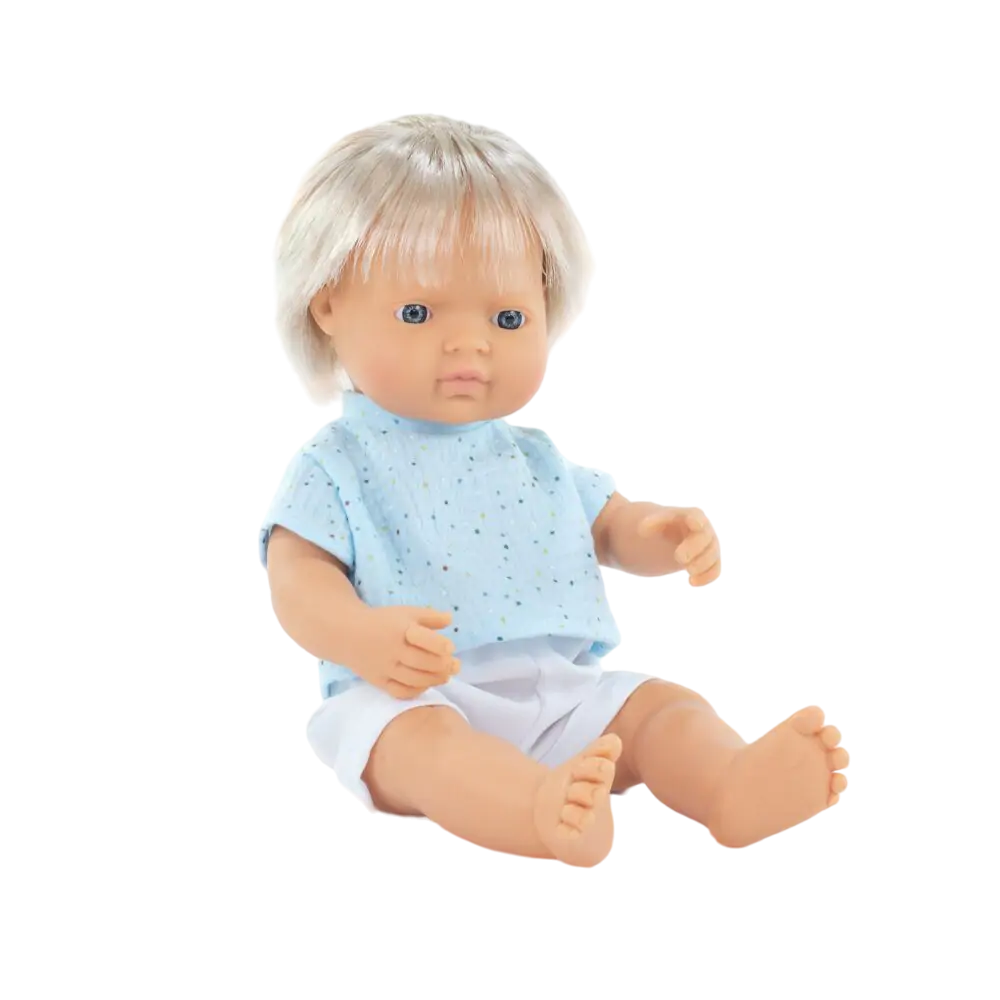 Papusa baiat caucazian blond 38 cm cu tricoul bleu, corp parfumat, colectia My Friends and Me [1]