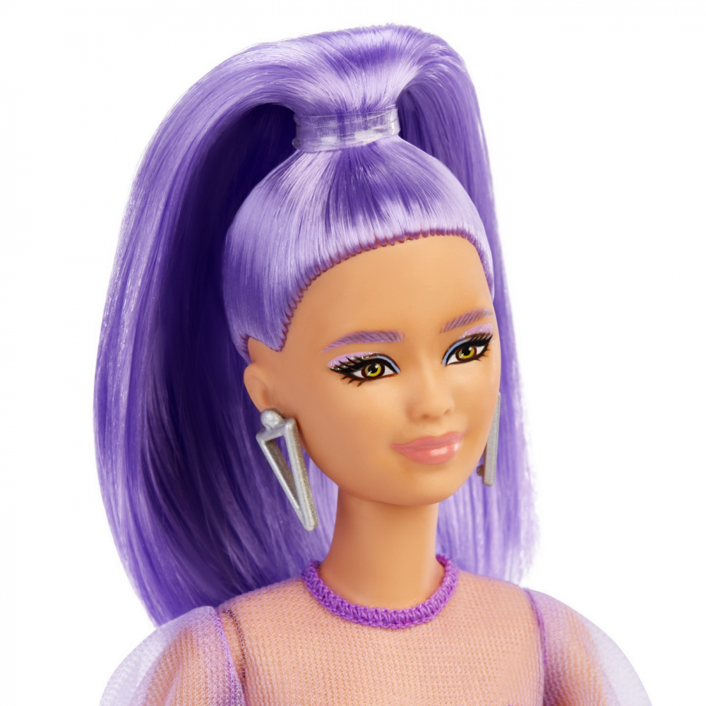 Papusa barbie fashionista cu par mov cu rochie cu umeri bufanti, varsta de la 3 ani la 12 ani [7]