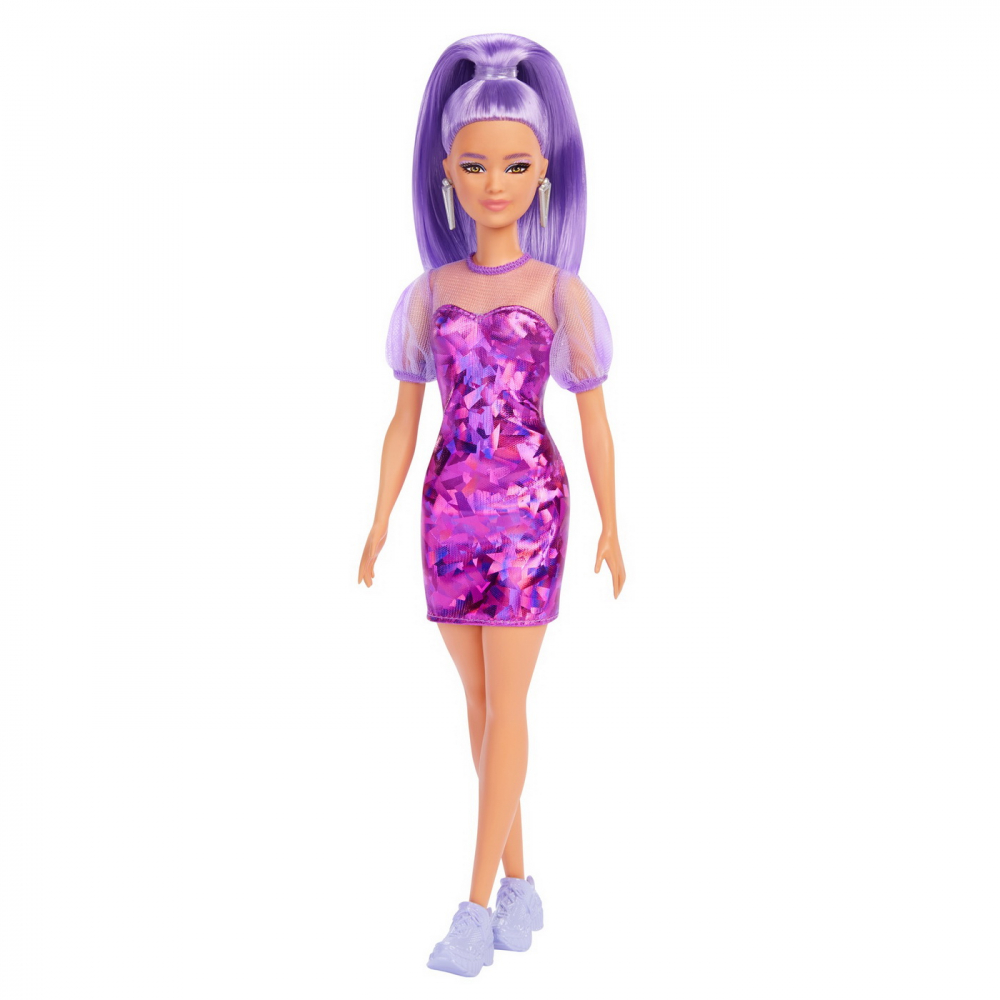 Papusa barbie fashionista cu par mov cu rochie cu umeri bufanti, varsta de la 3 ani la 12 ani [6]