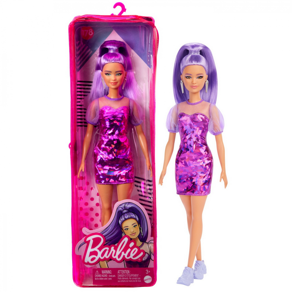 Papusa barbie fashionista cu par mov cu rochie cu umeri bufanti, varsta de la 3 ani la 12 ani [5]
