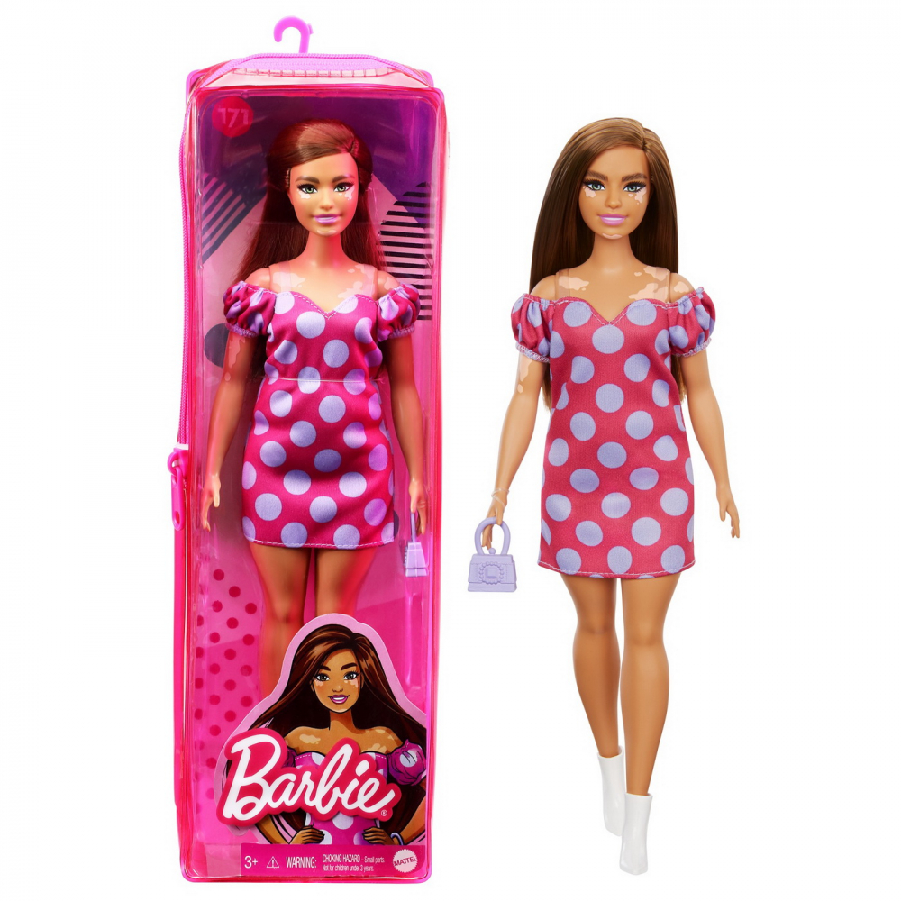 Papusa barbie fashionista satena cu rochie roz cu buline, varsta de la 3 ani la 12 ani [9]