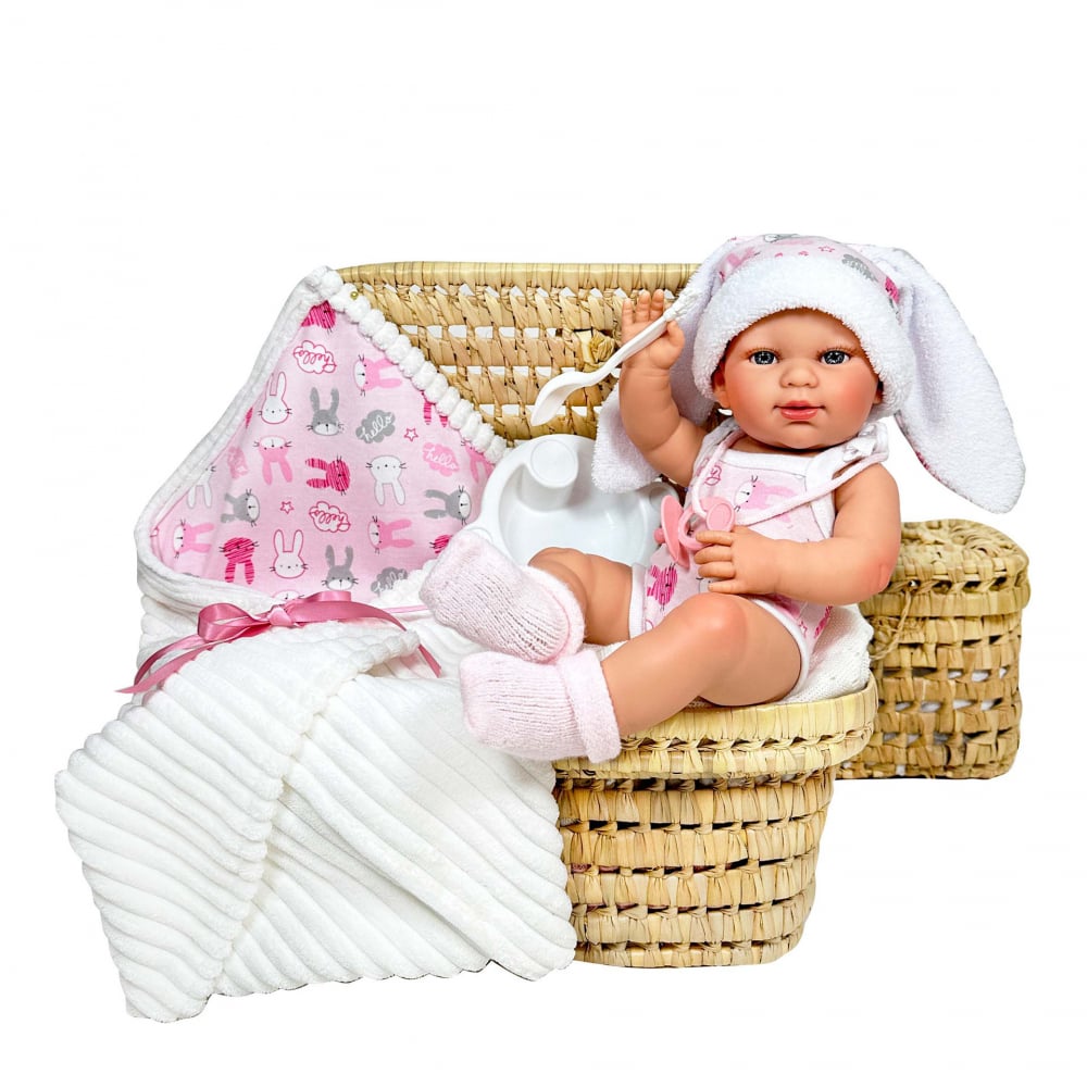 Papusa Nines D'Onil, Little Bunny, bebelus RN, cu hainute roz, cu paturica, cu miros de vanilie, 37 cm [1]